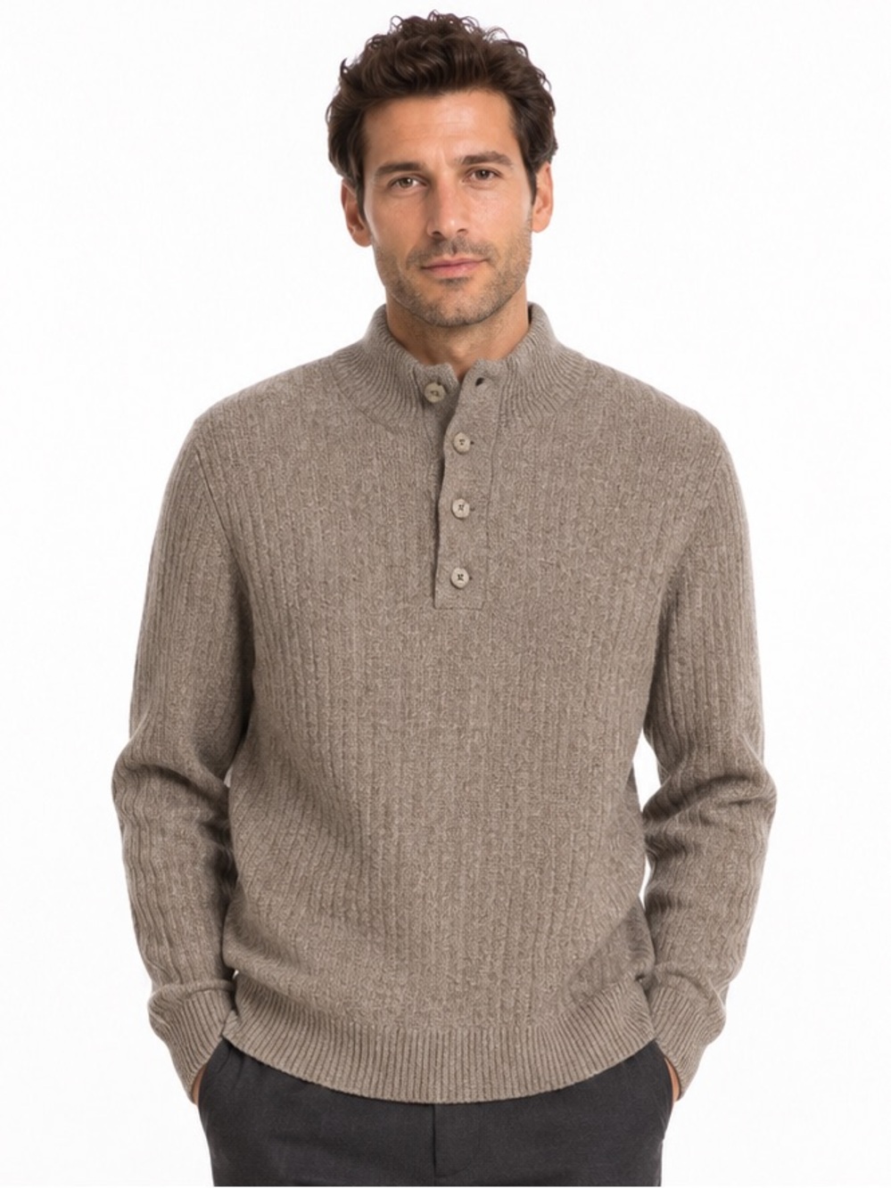 Vince Yak Merino Wool Henley Sweater Men 2XL XXL Dark Wheat Mock Neck Luxury